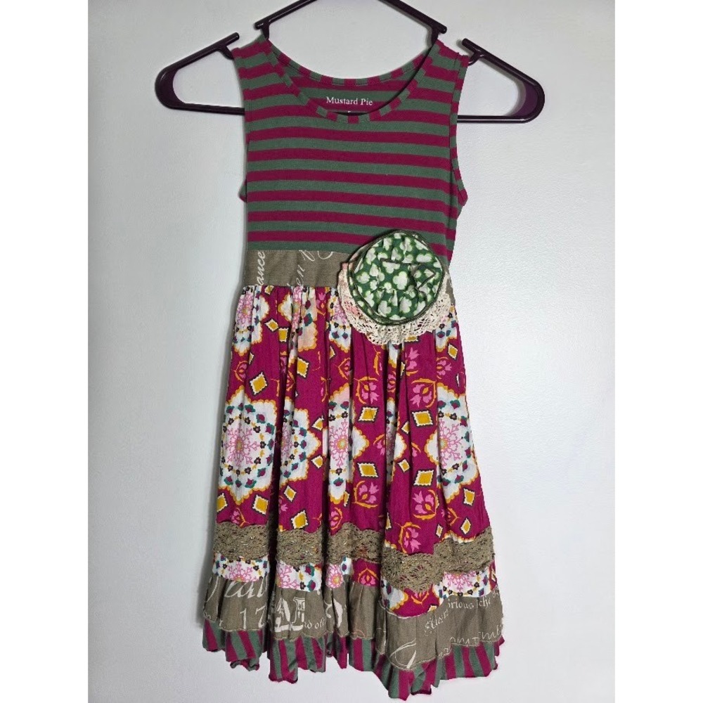 Mustard Pie Girls Dress Sleeveless Striped‎ Floral Patchwork Green Pink